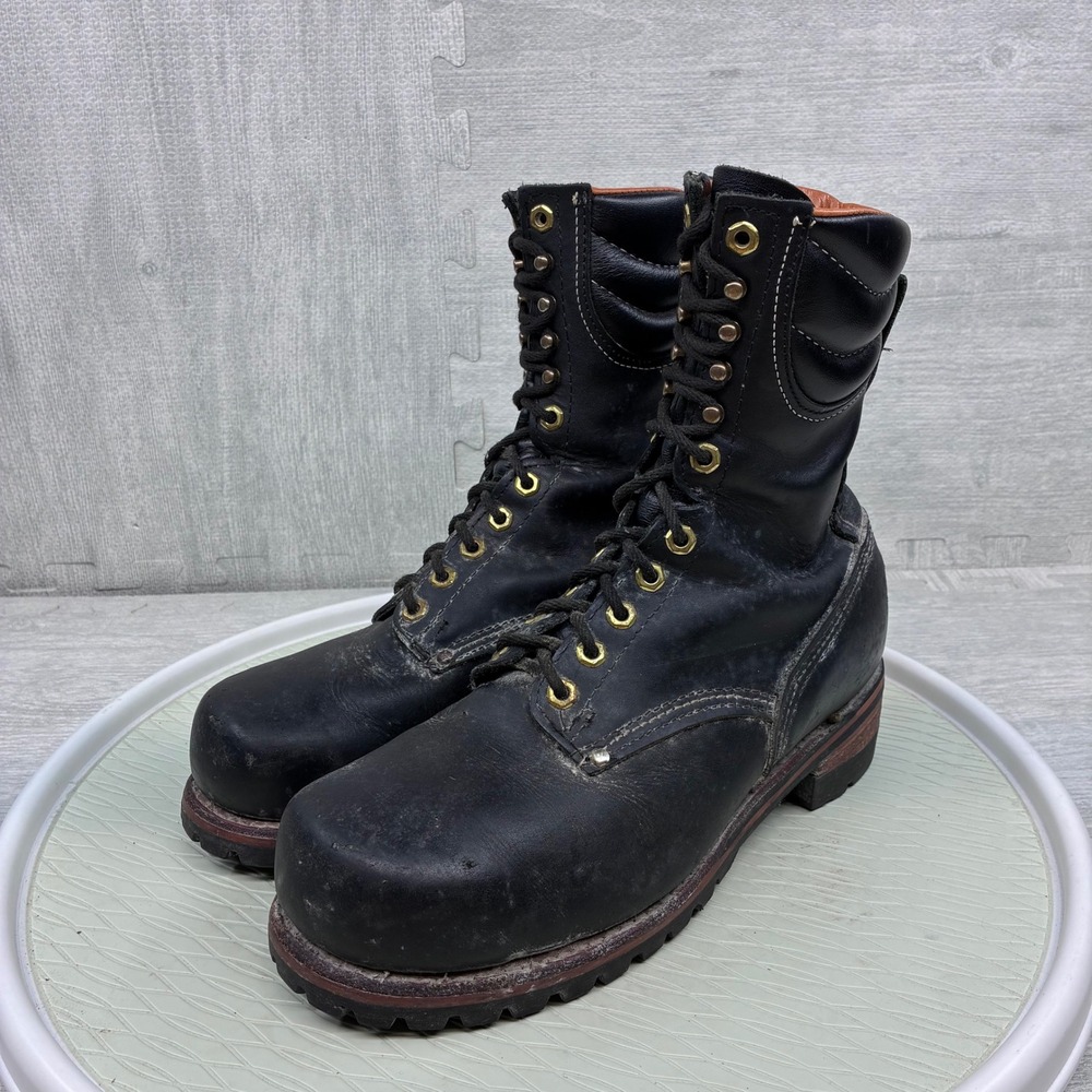 Vintage Carolina Broad Toe Logger Boots Men 10.5 D Black Leather Steel Toe 231
